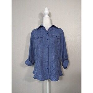 Joanna Pink & Black Plaid, Striped Sheer Women's Button Up Blouse Top Size M A10